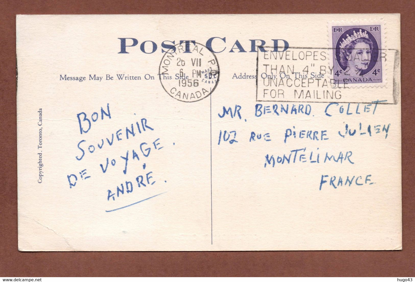 (RECTO / VERSO) QUEBEC - ST ZENONEN 1956 - PLI ANGLE BAS A DROITE - BEAU TIMBRE ET CACHET - FORMAT CPA - Québec - Les Rivières