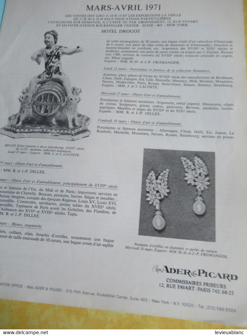 Vente Aux Enchères /Hôtel DROUOT Palais Galliera/ Vente Publique/ ADER-PICARD/ Mars - Avril 1971   CAT299 - Zeitschriften & Kataloge