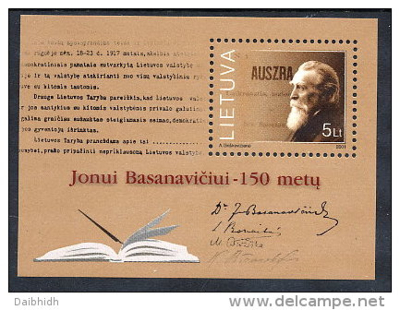 LITHUANIA 2001 Basanavicius Anniversary Block MNH / **.  Michel Block 24 - Lituania