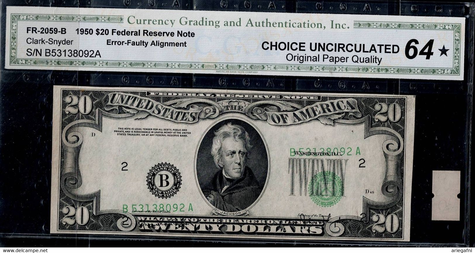 UNITED STATES 1950 BANKNOTES 20$ ERROR NUMBER SHIFT C.G.A 64 UNIC !! - Errori