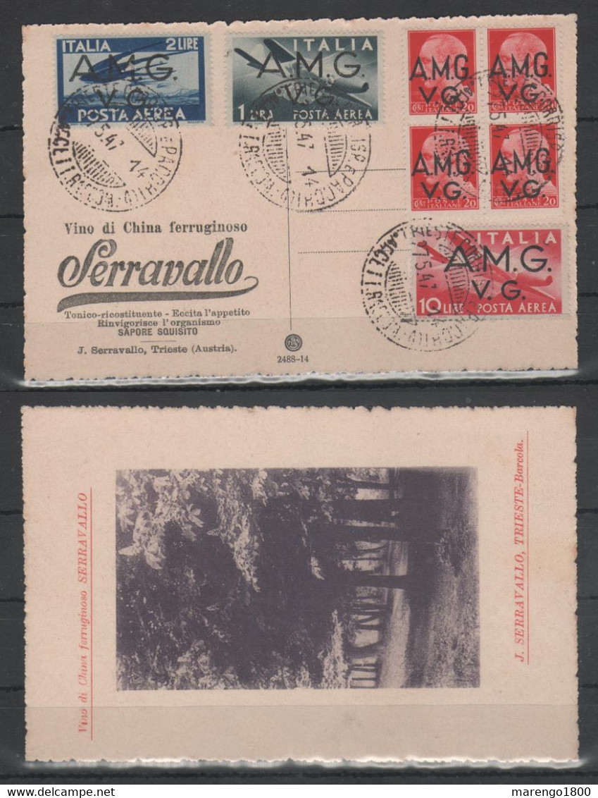 AMG-VG 1947 - Cartolina Pubblicitaria Serravallo Vino Di China - Affrancatura Multipla Con Posta Aerea           (g9173) - Marcofilie