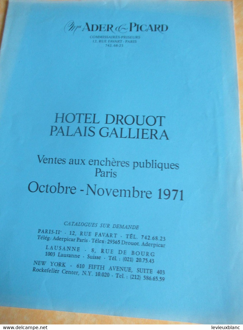 Vente Aux Enchères /Hôtel DROUOT Palais Galliera/ Vente Publique/ ADER-PICARD/ Octobre -Novembre  1971   CAT300 - Riviste & Cataloghi