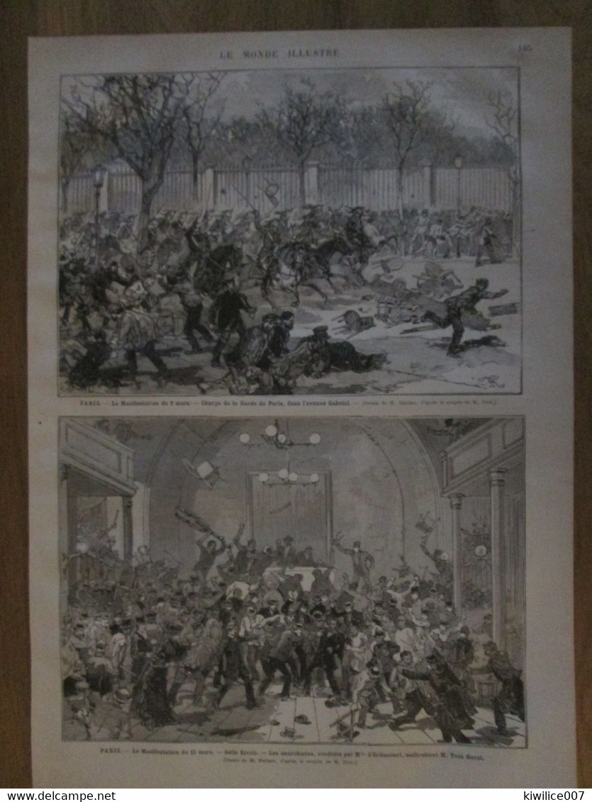 2 Gravure 1883 Paris  MANIFESTATION PARIS     P Mars Esplanade   Place Beauvau Salle Rivoli   Avenue Gabriel  9 Mars - Material Y Accesorios