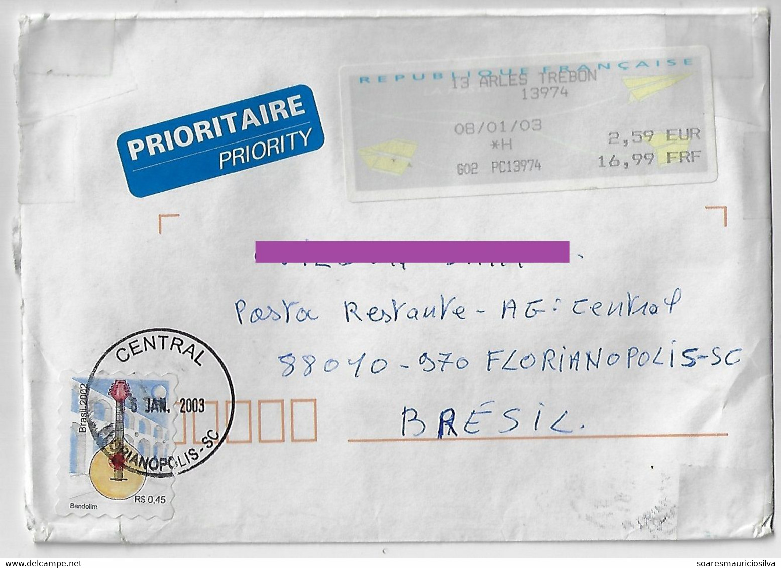France 2003 Cover Arles To Brazil Meter Stamp Olivetti PR50 Paper Airplane Brazilian Stamp Payment Posta Restante Music - 2000 Type « Avions En Papier »