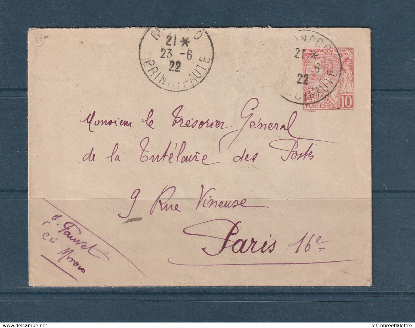 ⭐ Monaco - Entier Postal - Circulé Pour La France - 1922 ⭐ - Entiers Postaux