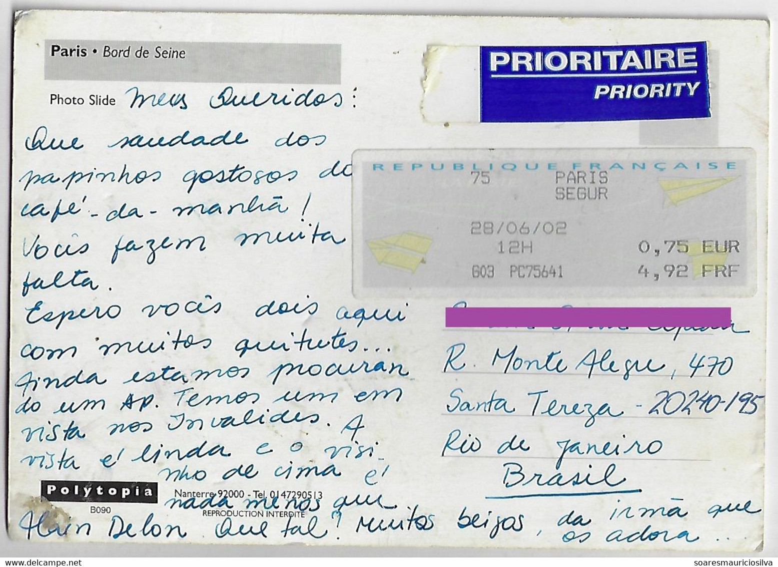 France 2002 Postcard Sent From Paris To Rio De Janeiro Brazil Meter Stamp Olivetti PR50 Paper Airplane Label €0,75 - 2000 « Avions En Papier »