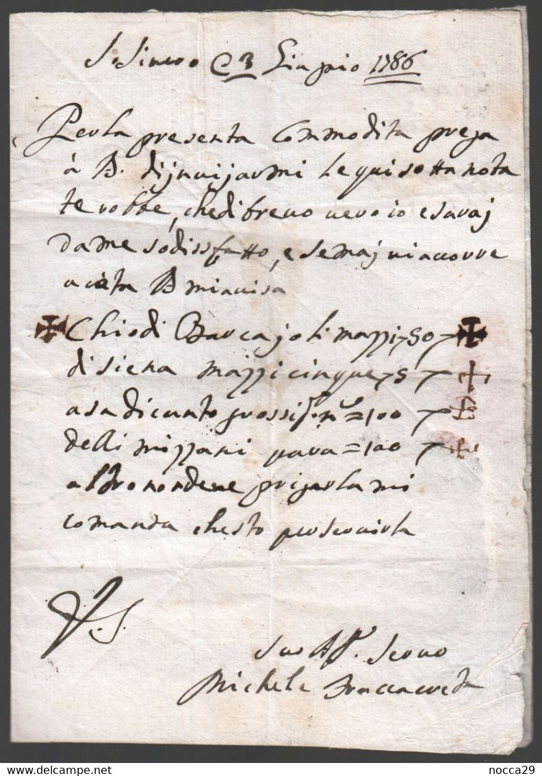 LETTERA PREFILATELICA DEL 1786 DA S.SEVERO A FOGGIA - FIRMATA MICHELE FRACCACRETA - PER DOMENICO SINISCALCO (PREF132) - 1. ...-1850 Prefilatelia