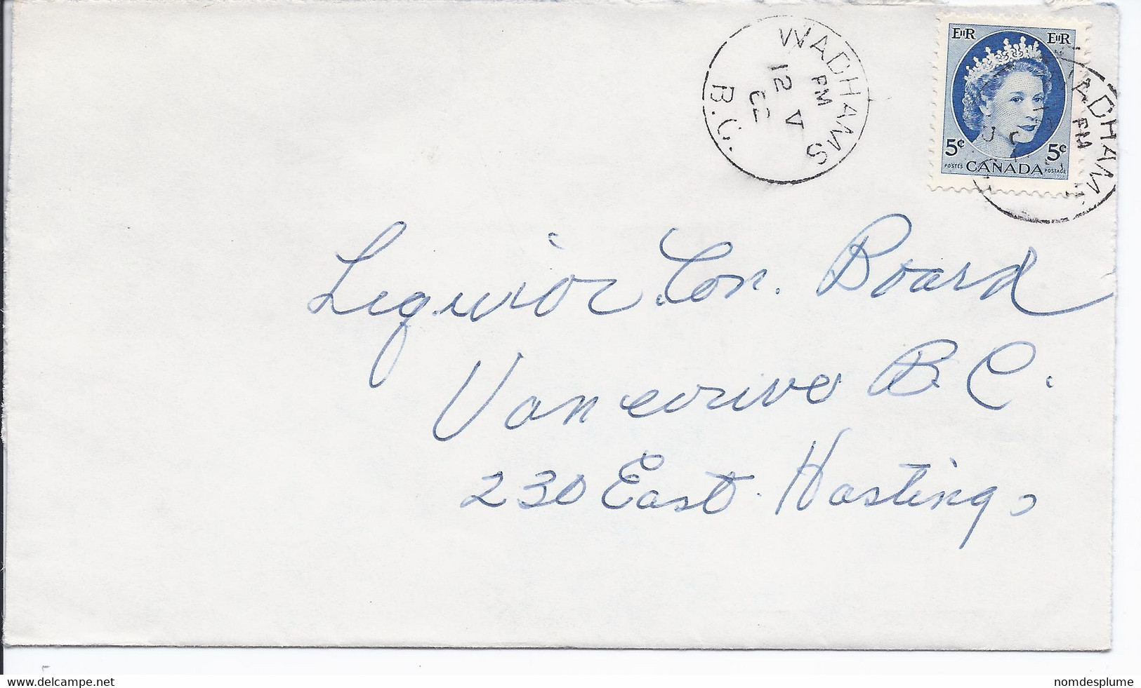 16501) Canada Cover Brief Lettre 1962 Closed BC British Columbia Post Office Postmark Cancel Wadhams - Covers & Documents