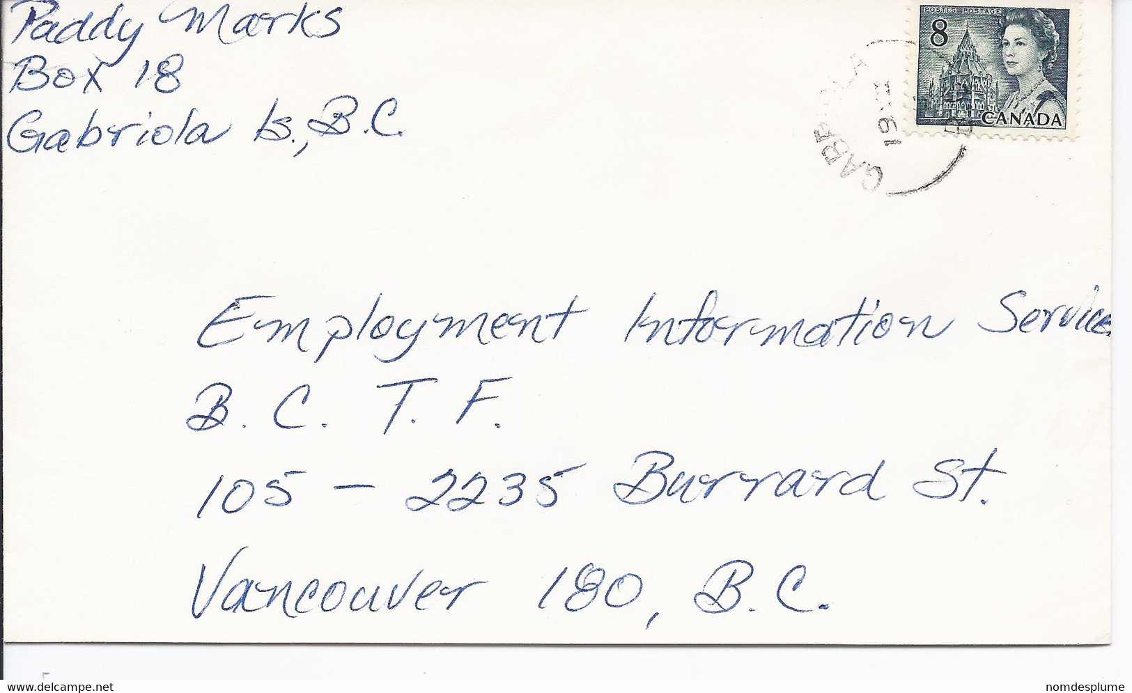 16524) Canada Cover Brief Lettre 1974 BC British Columbia Post Office Postmark Cancel Gabriola - Lettres & Documents