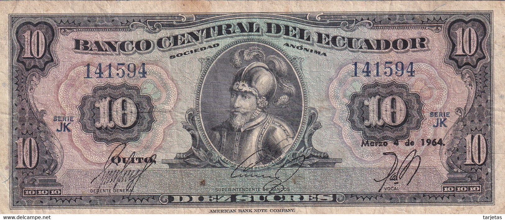 BILLETE DE ECUADOR DE 10 SUCRES DEL AÑO 1964 (BANKNOTE) - Equateur