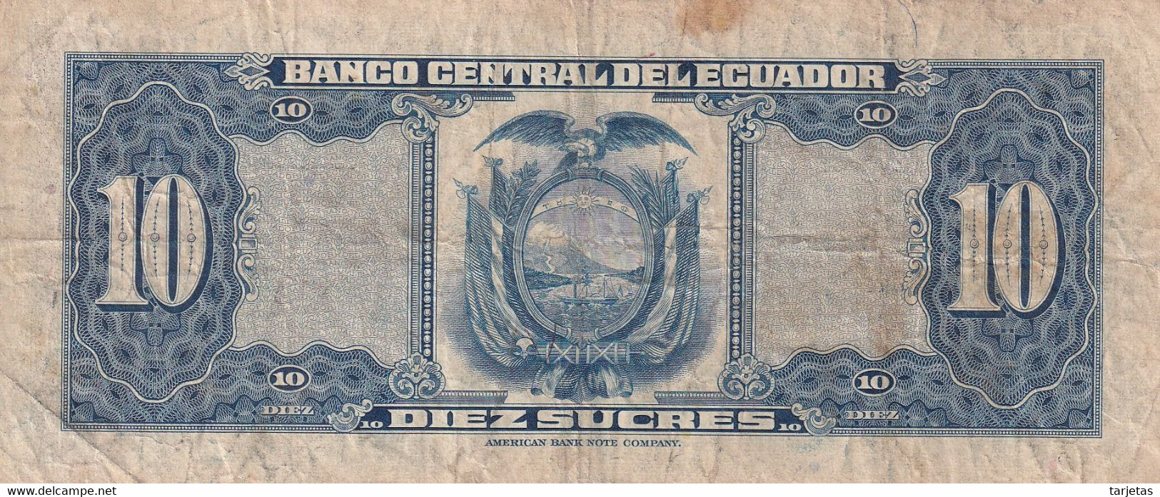 BILLETE DE ECUADOR DE 10 SUCRES DEL AÑO 1964 (BANKNOTE) - Equateur