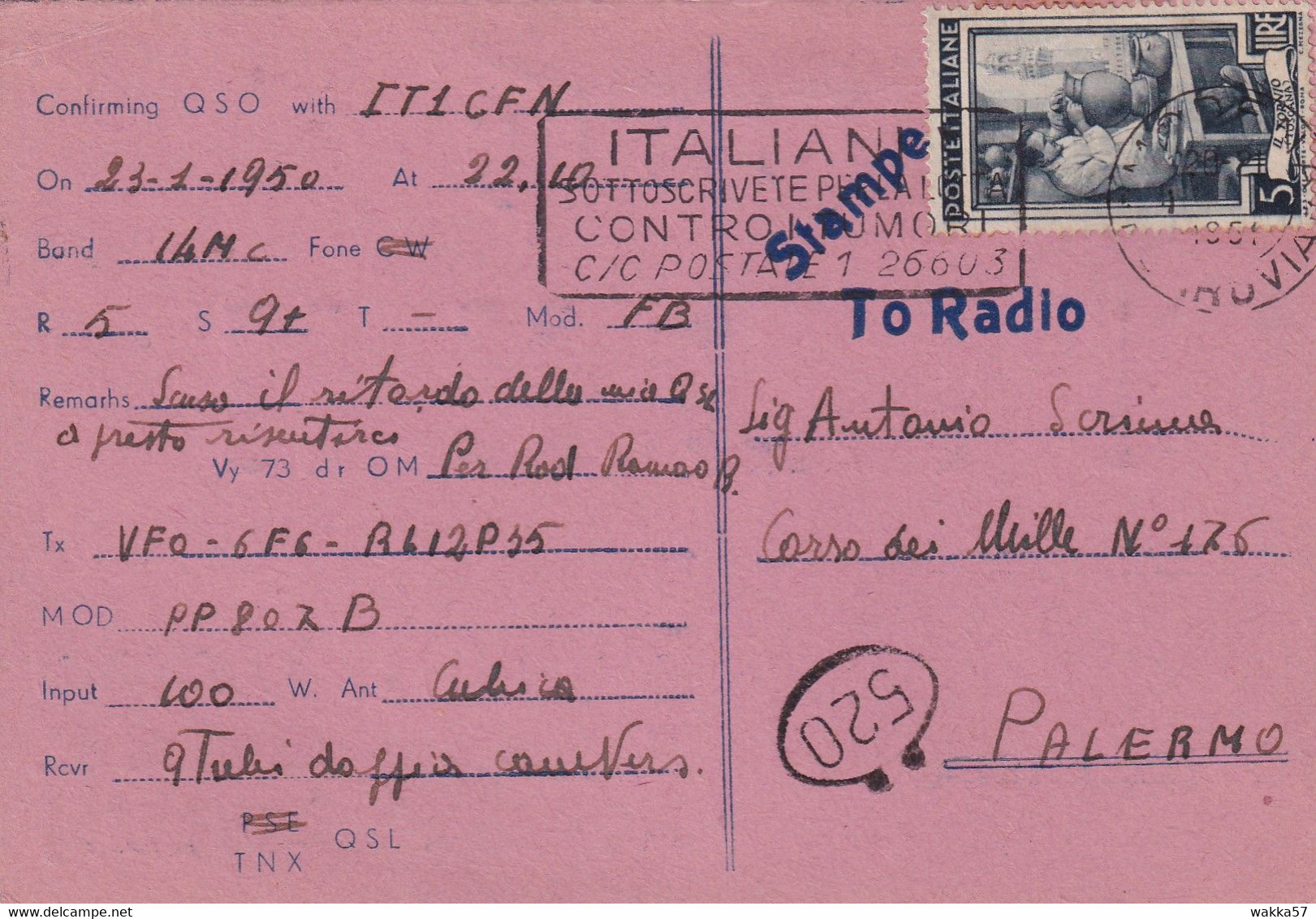 XK 539 - Cartolina QSL Da Gaggio Castelfranco E. A Palermo Annullo A Targhetta - CB