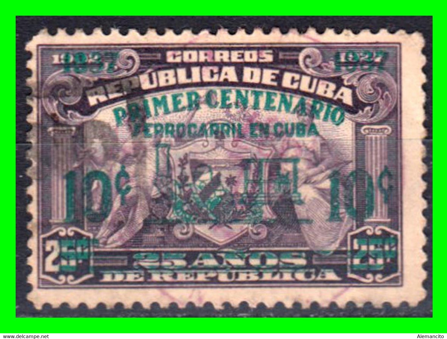 .CUBA ( NORTE AMERICA ) SELLO AÑO 1937 CENTENARIO DEL FERROCARRIL CUBANO SELLO DE 1925 SOBRECARGADO - Nuevos