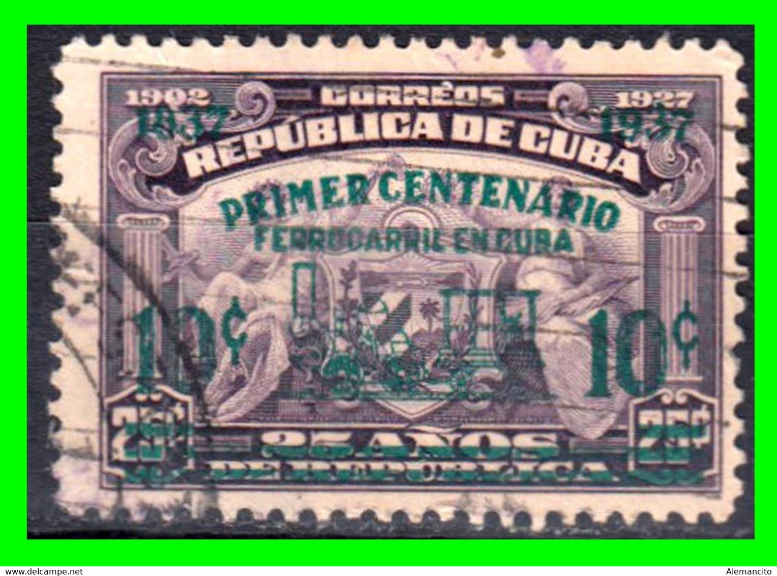 .CUBA ( NORTE AMERICA ) SELLO AÑO 1937 CENTENARIO DEL FERROCARRIL CUBANO SELLO DE 1925 SOBRECARGADO - Gebruikt