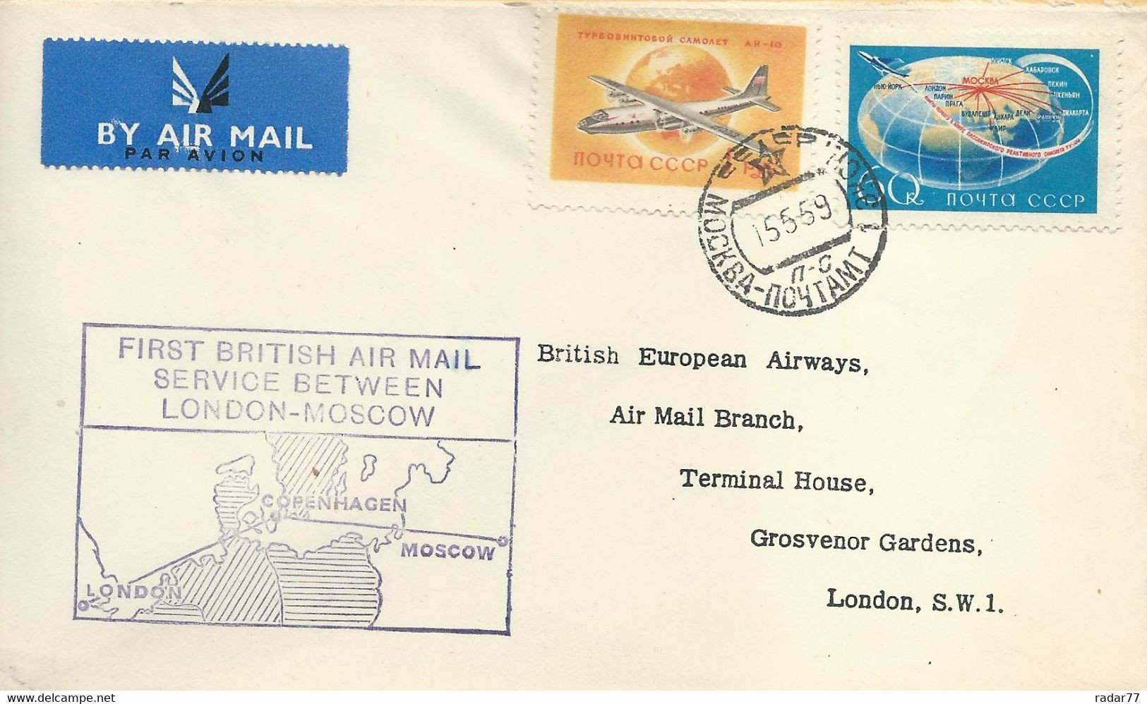 Enveloppe Commémorative Du 1er Vol Londres-Moscou Le 15 Mai 1959 Par British European Airways - Macchine Per Obliterare (EMA)