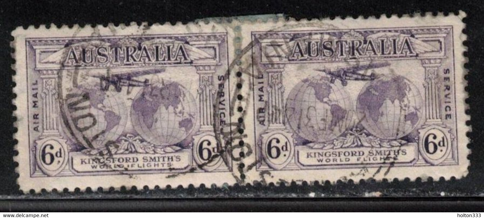 AUSTRALIA Scott # C2 Used Pair - Plane Over Globe - Hinge Remnant On Front - Used Stamps