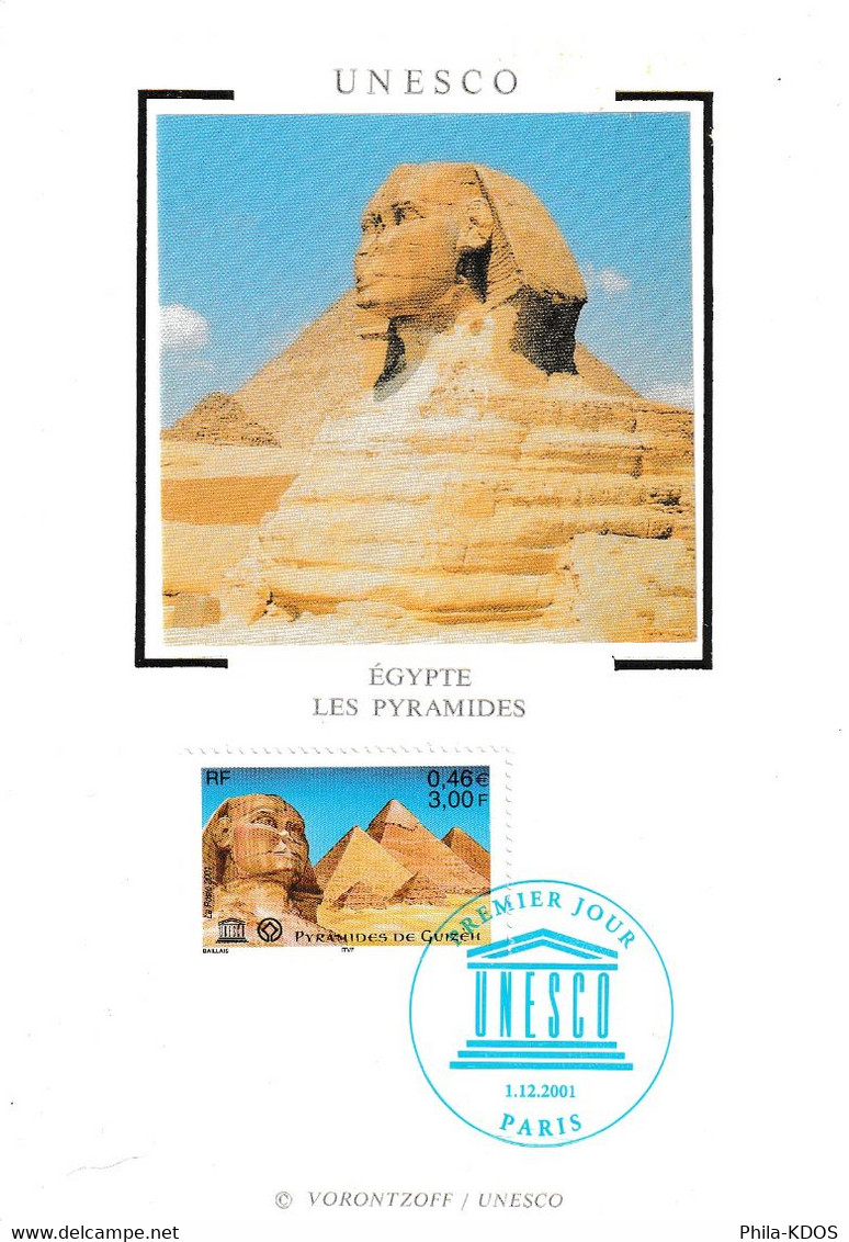 " UNESCO 2001 : LES PYRAMIDES DE GUIZEH " Sur Carte Maximum En Soie 2001  N° YT Serv 124. Parfait état CM à Saisir ! - Egyptology