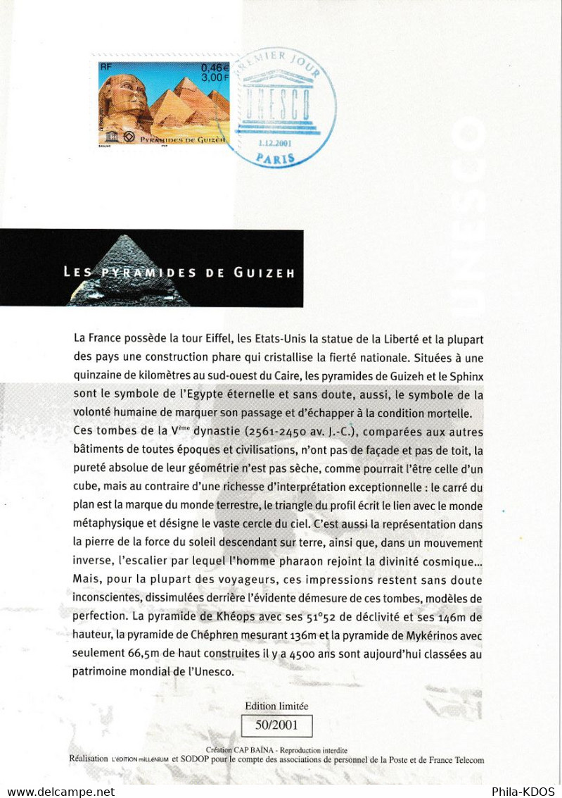 " UNESCO 2001 : LES PYRAMIDES DE GUIZEH " Sur Encart 1er Jour De 2001  N° YT Serv 124. Parf état FDC à Saisir ! - Egittologia