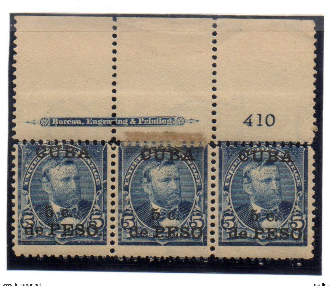 10052 CUBA US Adm. Scott 225 Strip Of  Of 3 Pl #410.opened & Reinforment W/hinge Scott Value $100 - Neufs