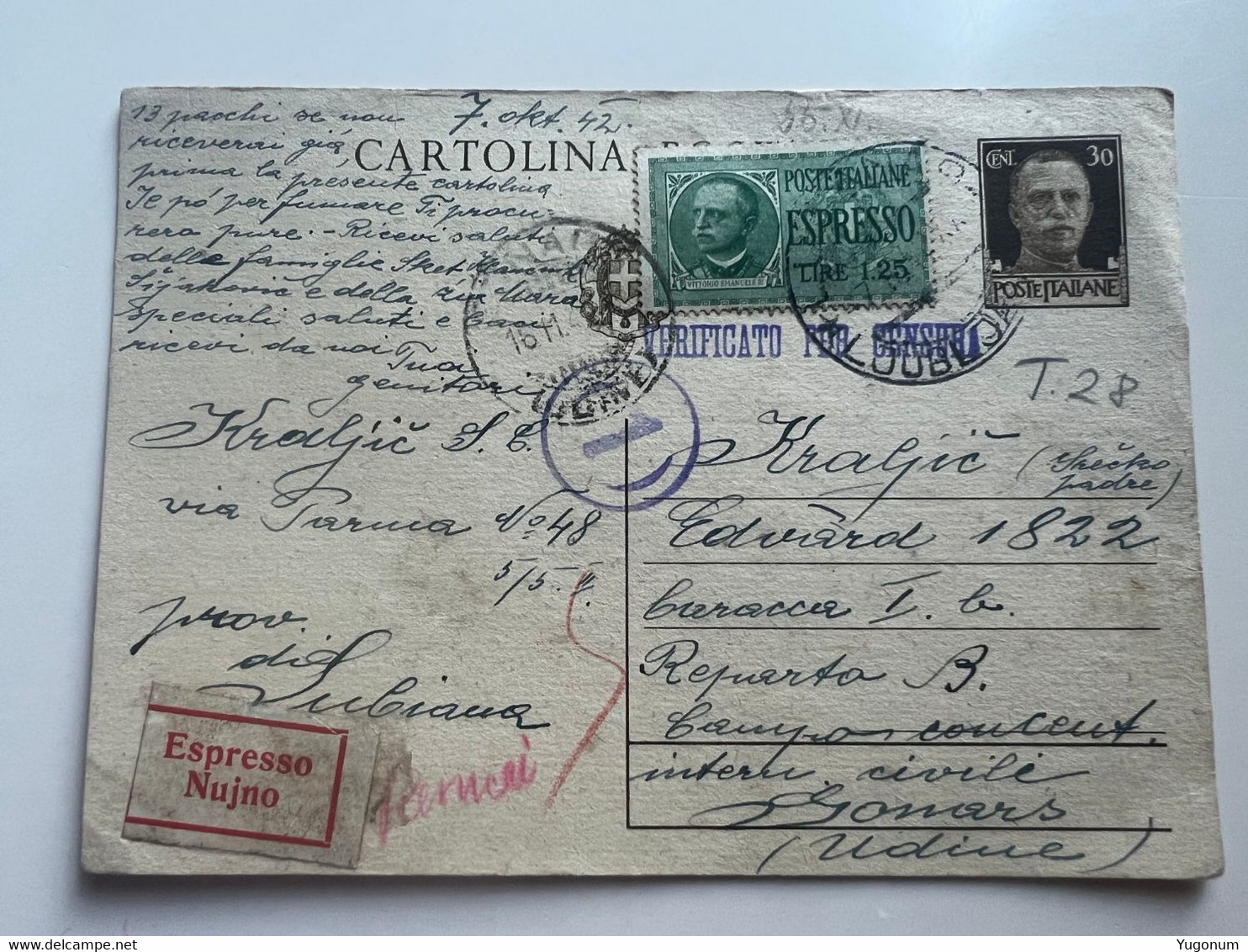 ITALY WWII 1943 Stationary ESPRESSO Sent From LUBIANA -> Concenetration Camp GONARS  (No 2060) - Ljubljana