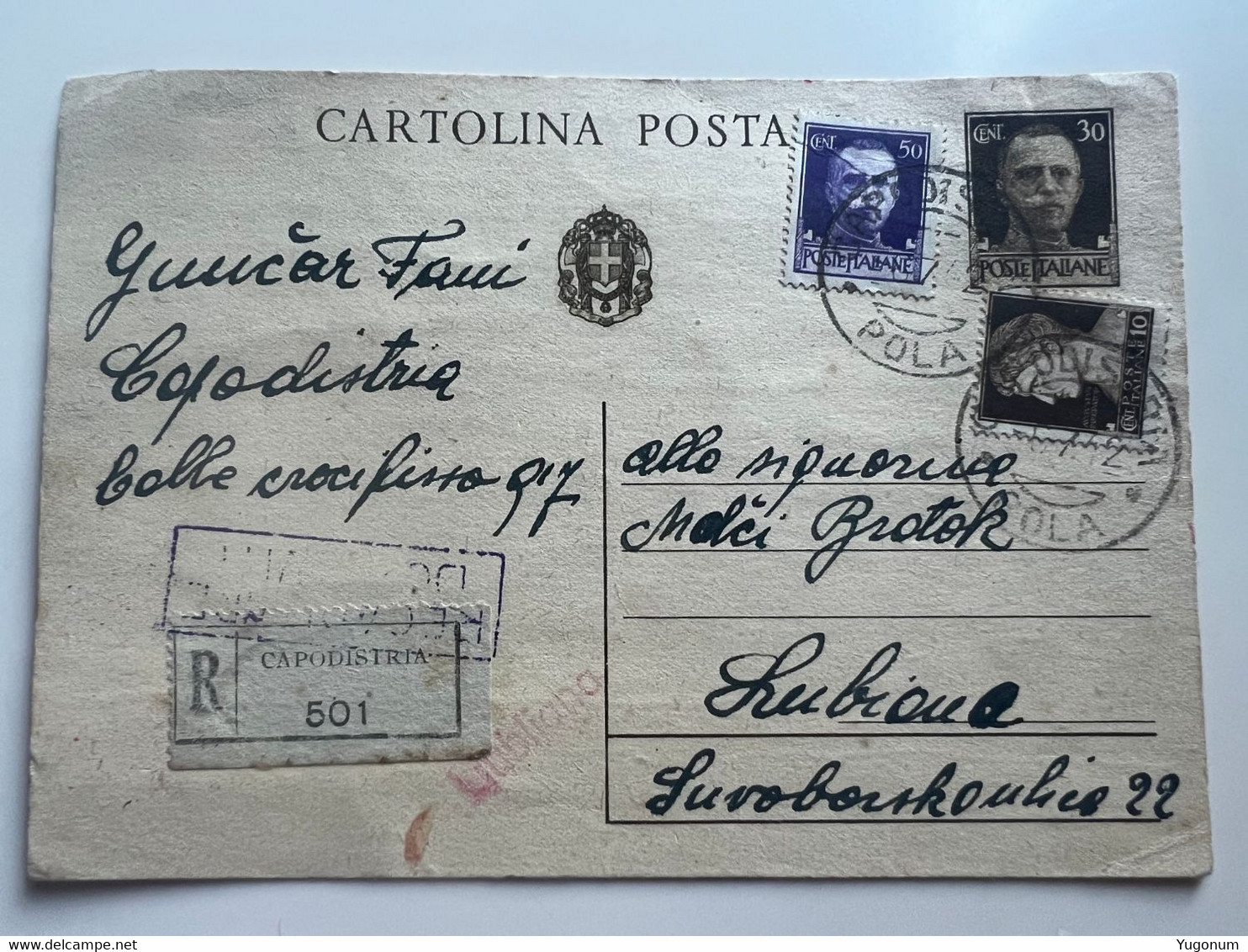 ITALY WWII 1942 Stationary With Stamp And R Label  CAPODISTRIA  ->  LUBIANA (No 2061) - Lubiana