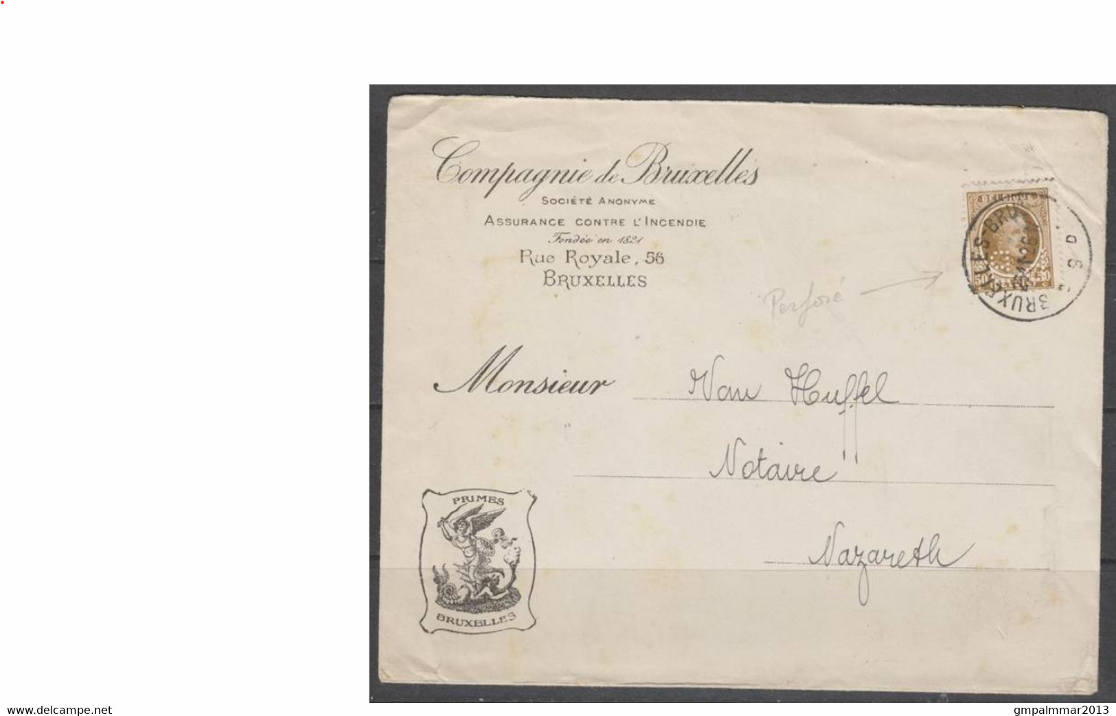 PERFIN " PB " COB 203 Oblitéré Sur Lettre Du 26/11/1926 De Bruxelles Vers Nazareth Compagnie De Bruxelles. LOT 301 - 1909-34