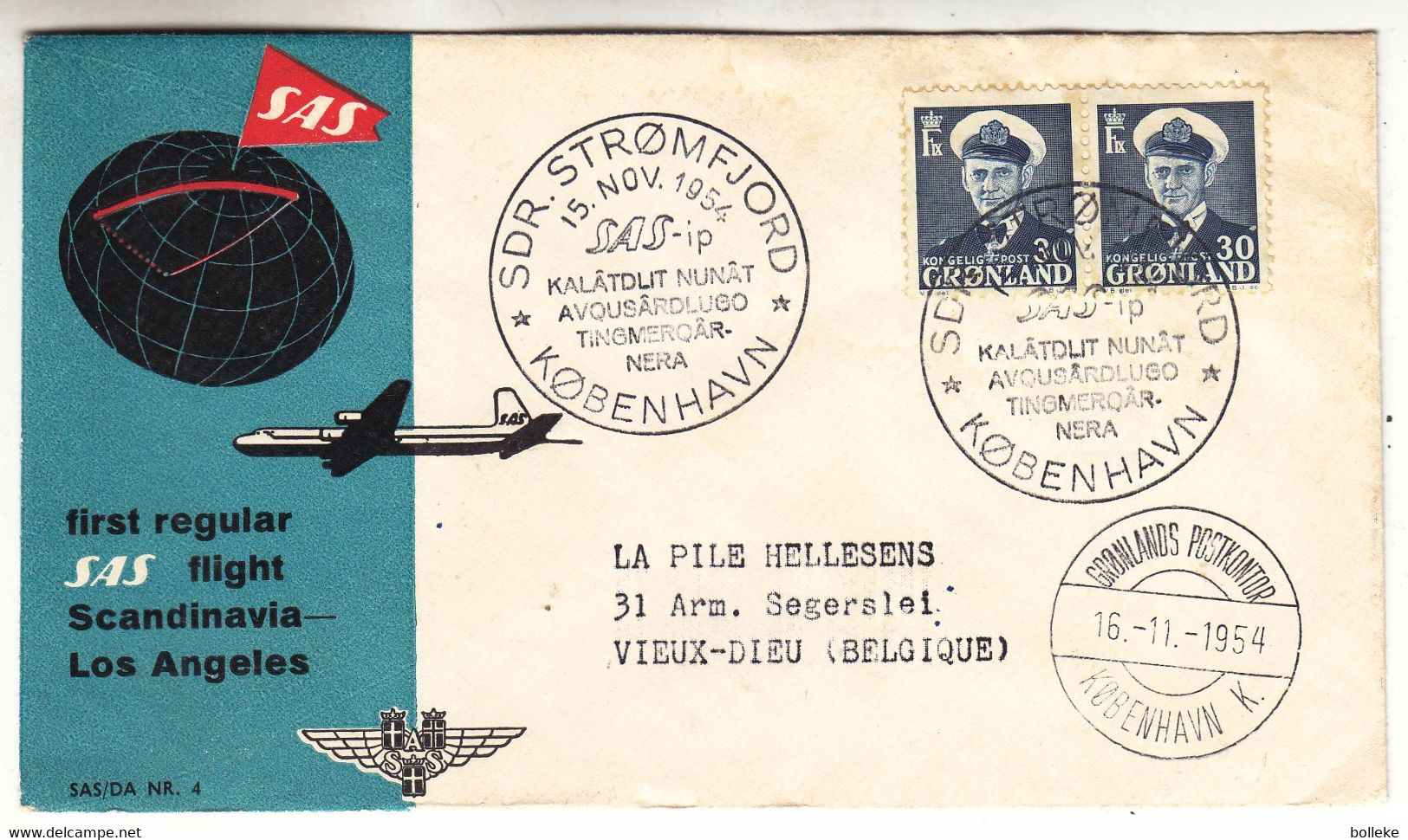 Groenland - Lettre De 1954 - Oblit Stromfjord - Vol Spécial - Cachet De Kobenhavn - - Briefe U. Dokumente