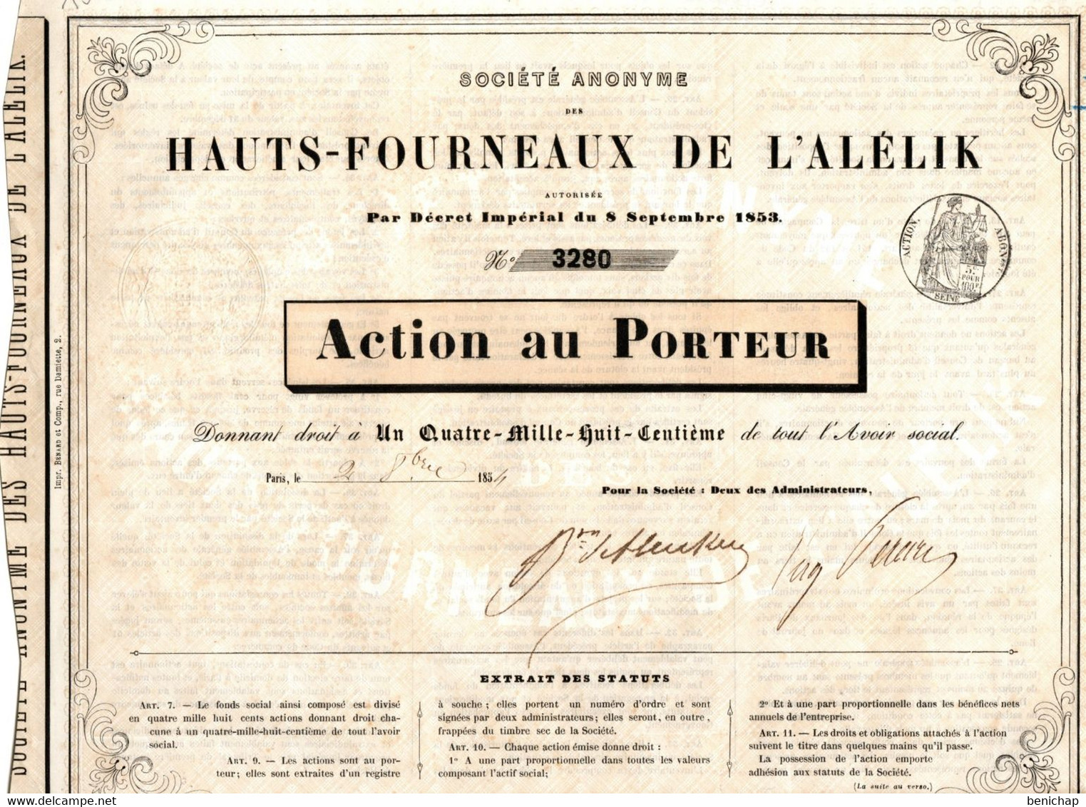 S.A. Des Hauts-Fourneaux De L'Alélik - Action Au Porteur - Algérie - Paris Octobre 1854. - Industrie