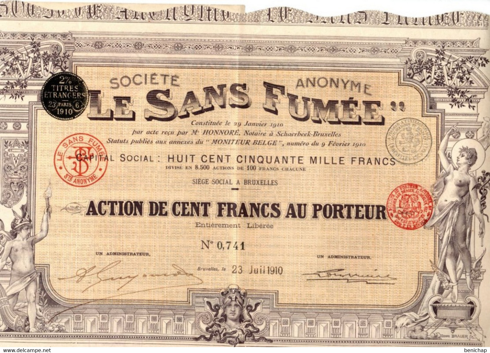 S.A. Le Sans Fumée - Action De 100 Frs. Au Porteur - Bruxelles Juillet 1910. - Industrie