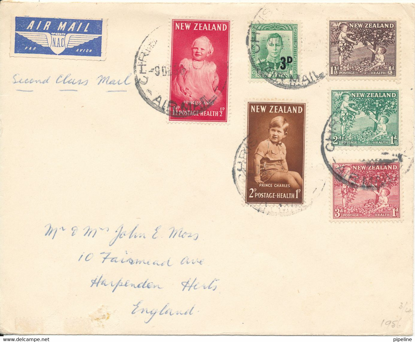 New Zealand Cover Sent To England 9-12-1956 With More Stamps With 4 Hinged Marks On The Backside Of The Cover - Covers & Documents