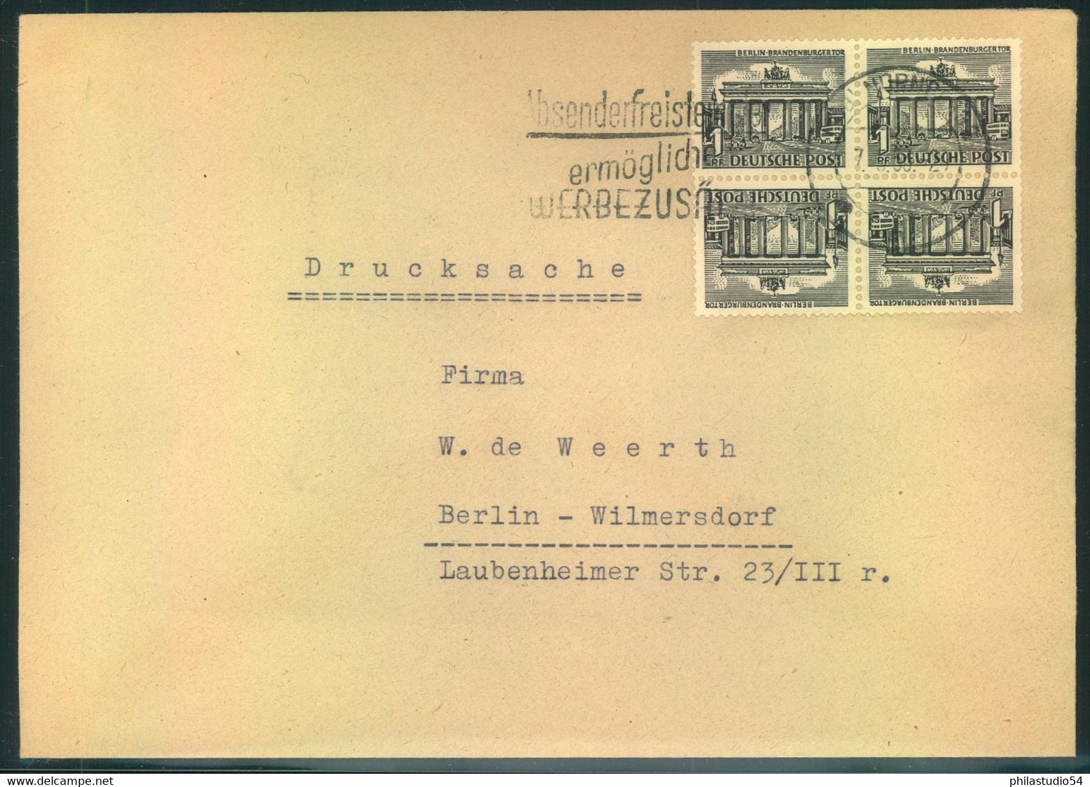 1949, 1 Pfg. Bauten Als Kehrdruck (SK 1) Portogerecht Im Viererblock Auf Drucksache - Other & Unclassified