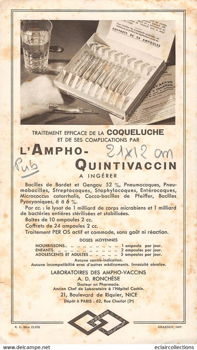 Vieux Papiers.   Publicité   Ampho Quintivaccin Rochèse  06 Nice .Contre La Coqueluche  . Coq     (voir Scan) - Publicités