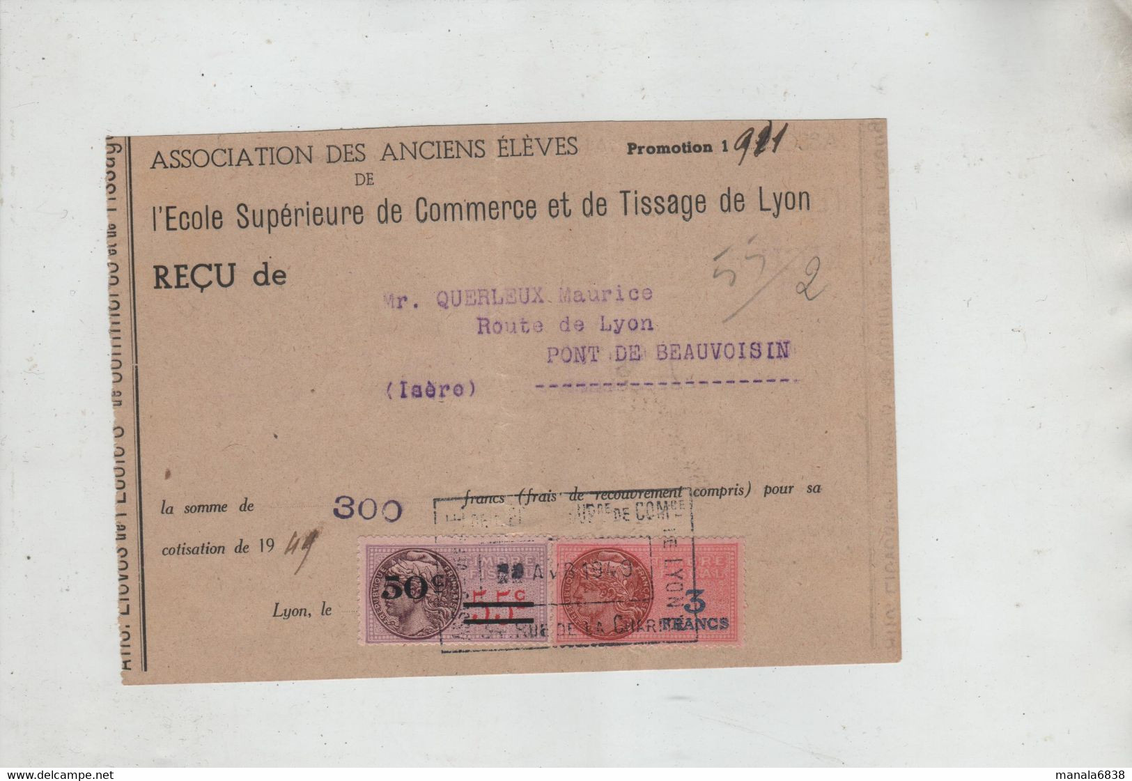 Association Anciens Elèves Ecole Commerce Tissage Lyon Querleux Pont De Beauvoisin 1949 - Non Classés
