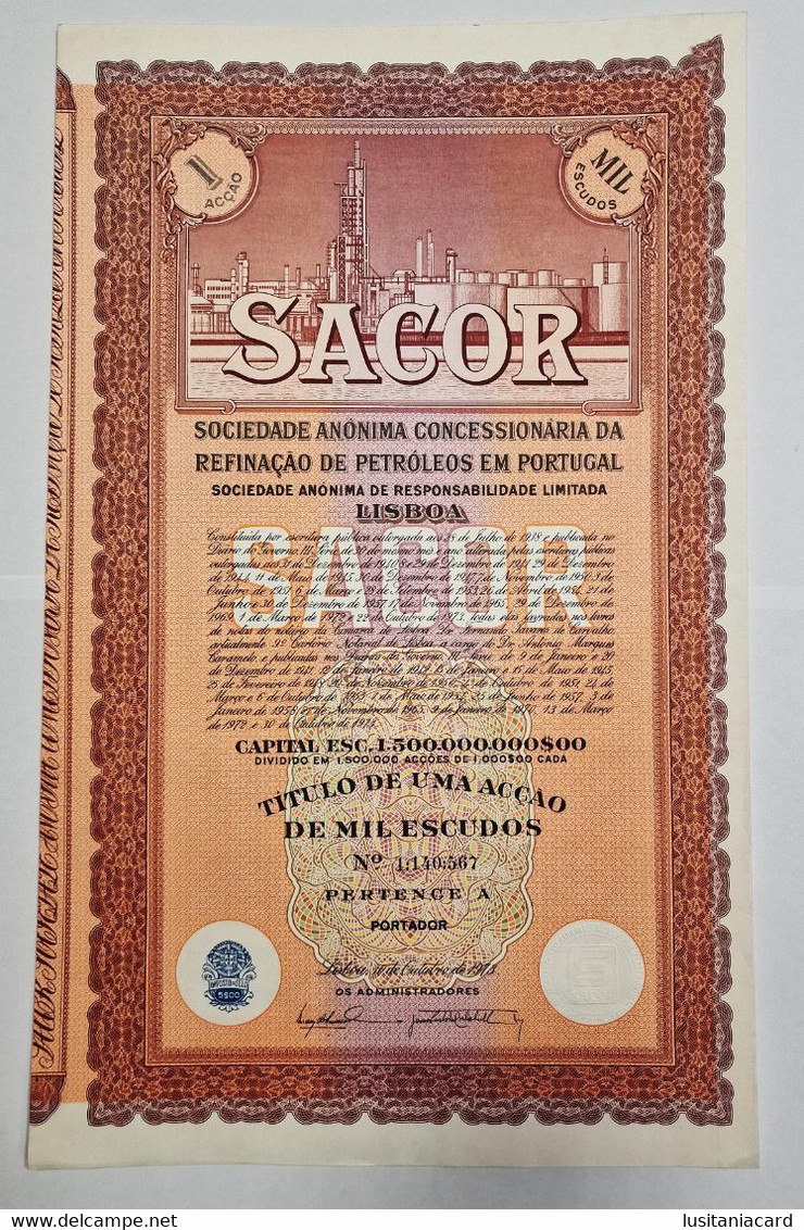 PORTUGAL-LISBOA-  SACOR -Titulo De Uma Acção De Mil Escudos - Nº 1:140:567 - 30 De Outubro De  1973 - Petrolio