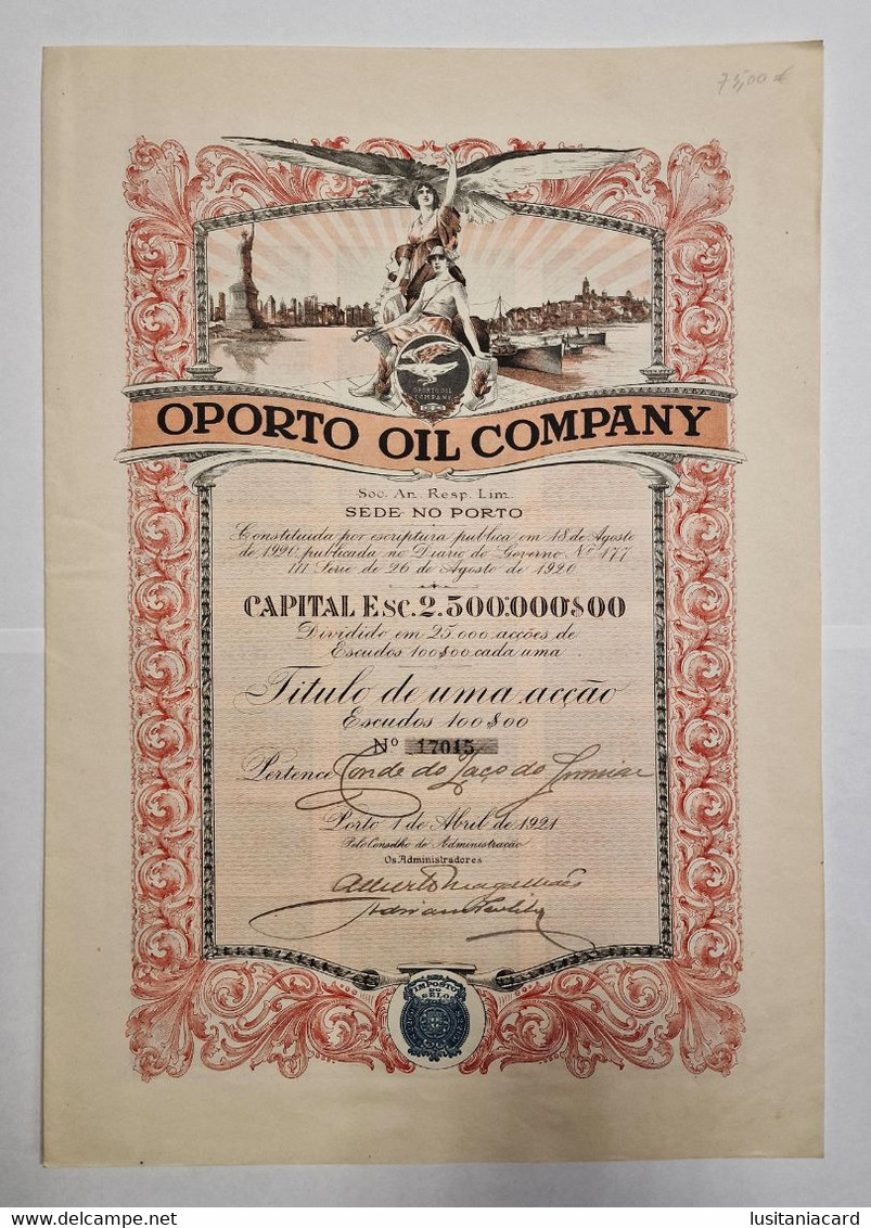 PORTUGAL- PORTO-  OPORTO OIL COMPANY -Titulo De Uma Acção Escudos 100$00 - Nº 1705 - 01 De Abril De 1921 - Aardolie