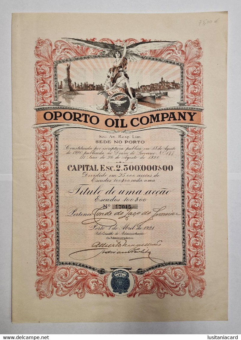 PORTUGAL- PORTO-  OPORTO OIL COMPANY -Titulo De Uma Acção Escudos 100$00 - Nº 1705 - 01 De Abril De 1921 - Oil