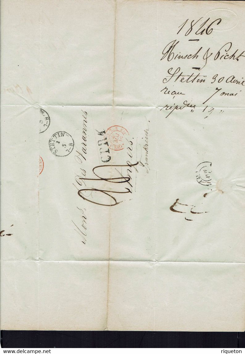 E. F. Hinsch & Picht à Stettin. Lettre Pour Angers Du 30 Avril 1846. Taxe 24 C. Affrêtement, Transport Par Navire. TB. - ...-1860 Voorfilatelie