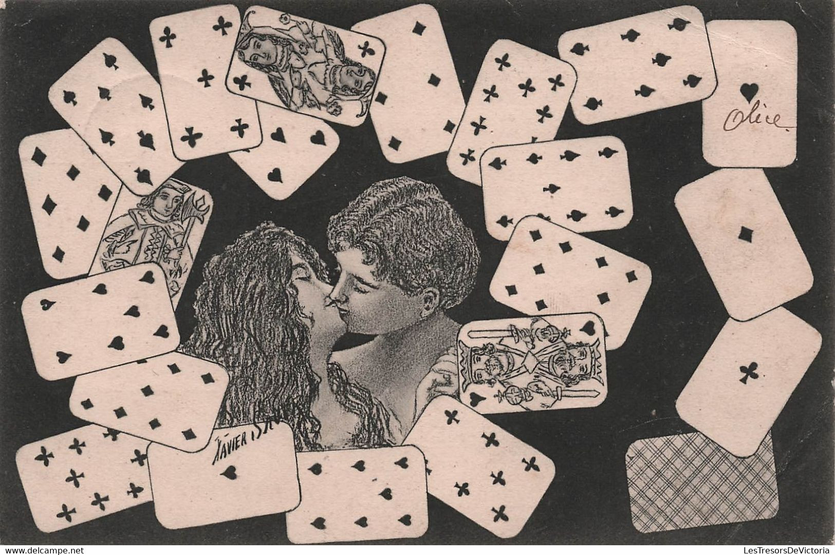 Fantaisie - Jeux - Cartes à Jouer Et Couple Qui S'embrasse - Carte Postale Ancienne - - Spielkarten