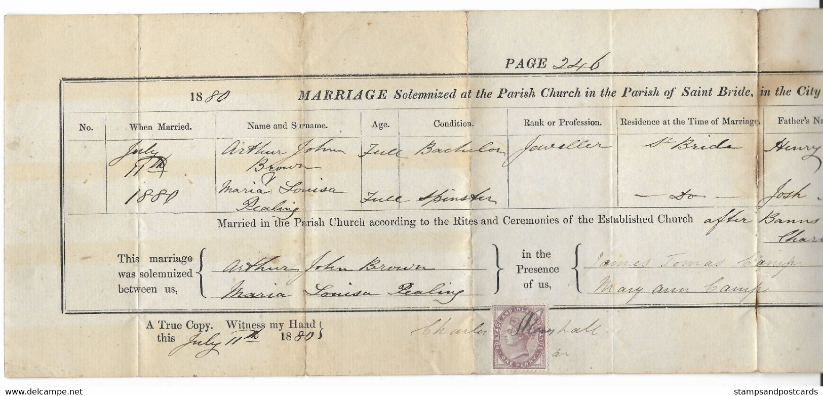 United Kingdom 1880 Marriage Certificate Of A Jeweller Parish Of Saint Bride London Revenue Stamp Victoria Penny Doc - Fiscaux