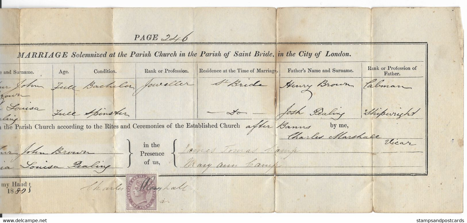 United Kingdom 1880 Marriage Certificate Of A Jeweller Parish Of Saint Bride London Revenue Stamp Victoria Penny Doc - Fiscale Zegels