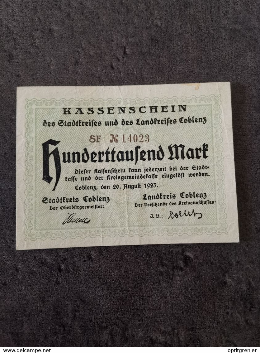 BILLET 100000 MARK HUNDERTTAUSEND 20 08 1923 ALLEMAGNE BANKNOTE GERMANY KASSEN - Unclassified