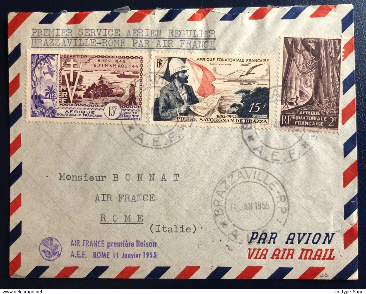 A.E.F., Divers Sur Enveloppe PREMIERE LIAISON A.E.F. ROME 11.1.1955 - (B4521) - Lettres & Documents
