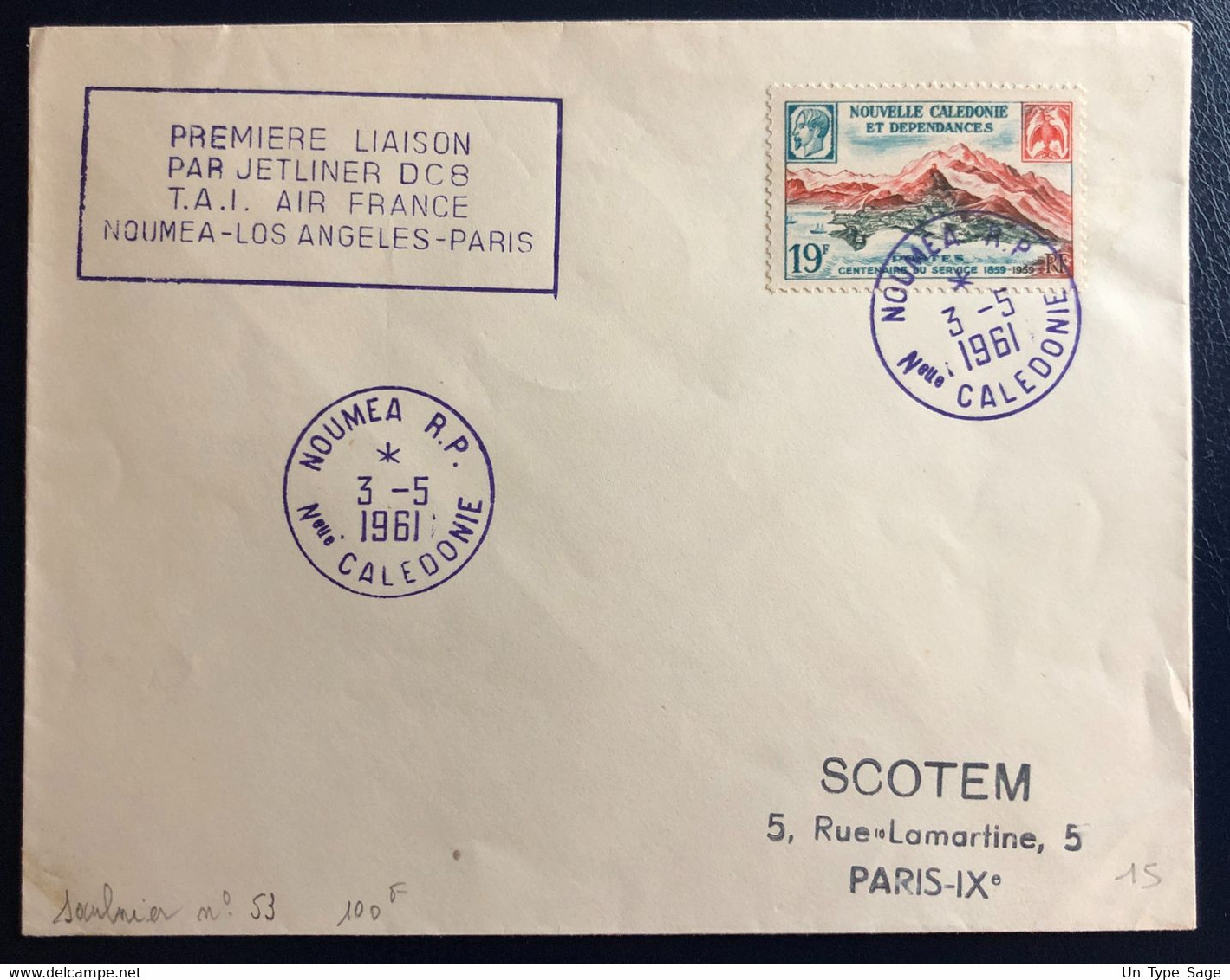 Nouvelle-Calédonie N°300 Sur Enveloppe, Liaison NOUMEA-PARIS-LOS ANGELES-PARIS 3.5.1961 - (B4537) - Lettres & Documents