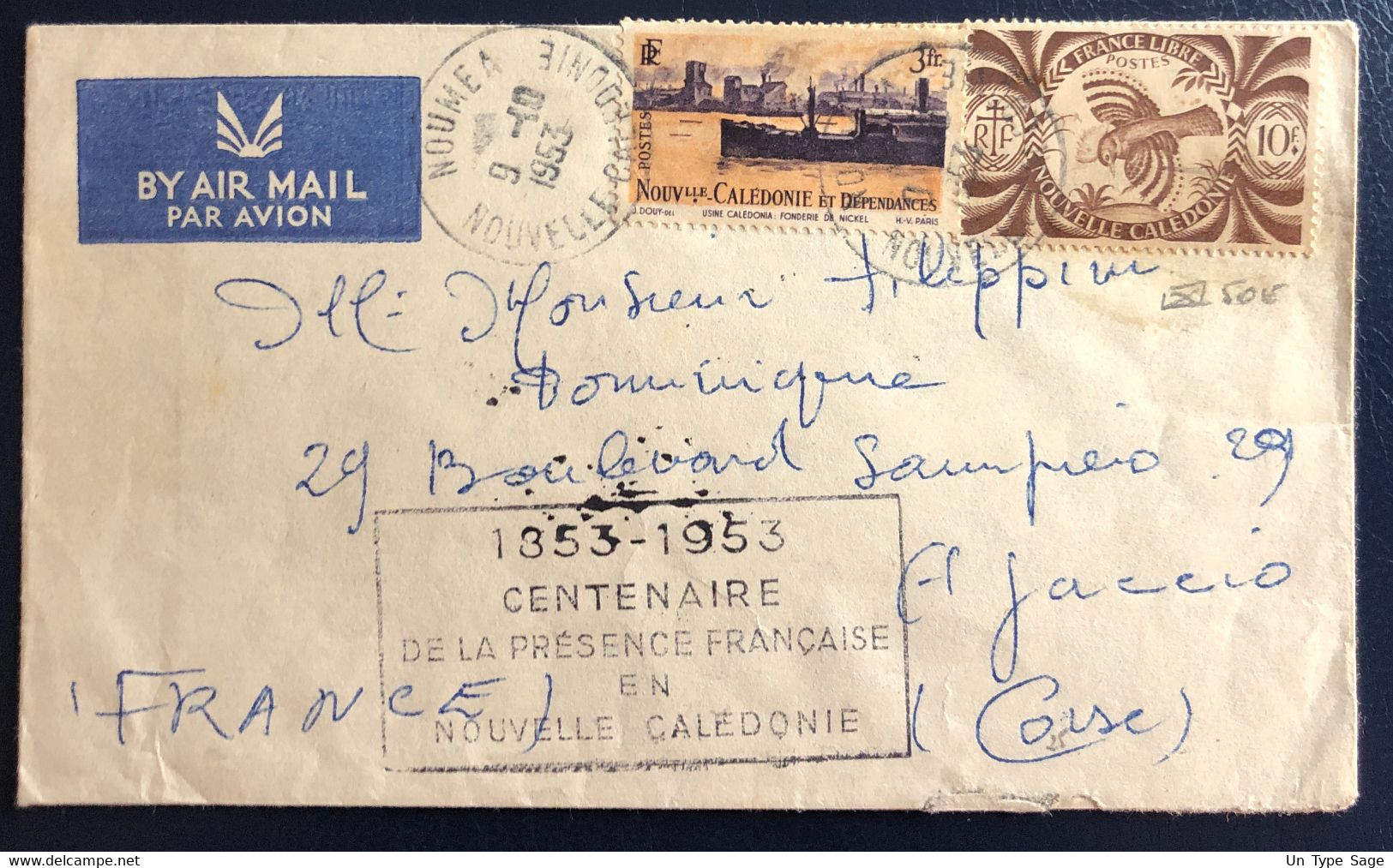 Nouvelle-Calédonie Divers Sur Enveloppe De Nouméa Pour Ajaccio, Corse, Griffe Du Centenaire - (B4540) - Storia Postale