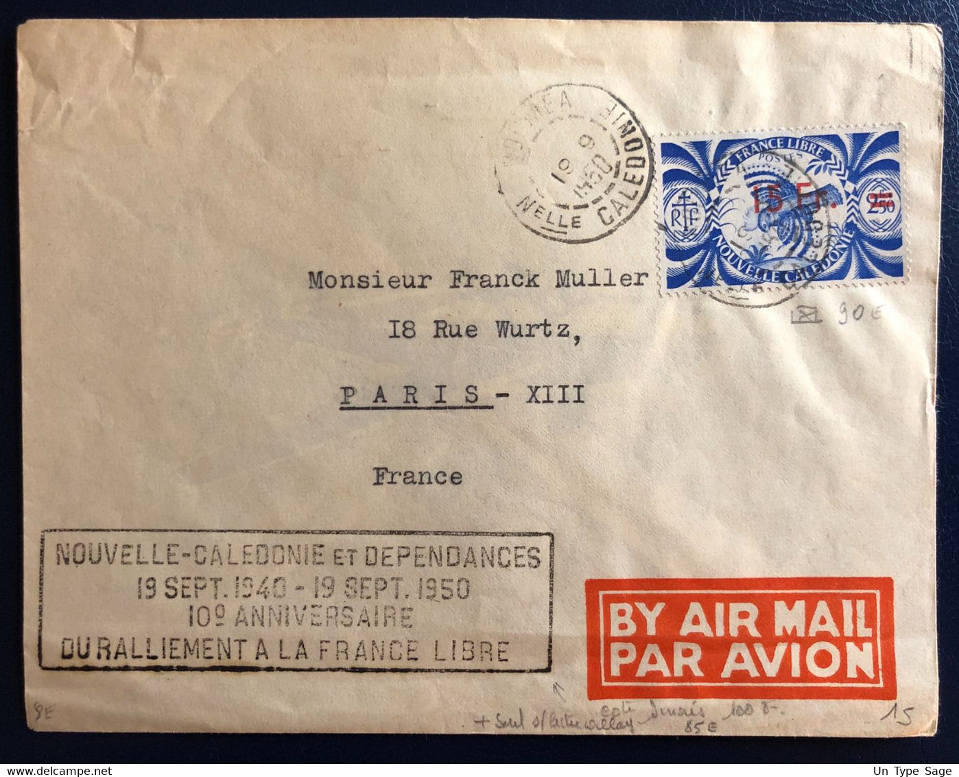 Nouvelle-Calédonie Divers Sur Enveloppe TAD NOUMEA 19.9.1950 - Griffe Ralliement à La France Libre - (B4542) - Storia Postale