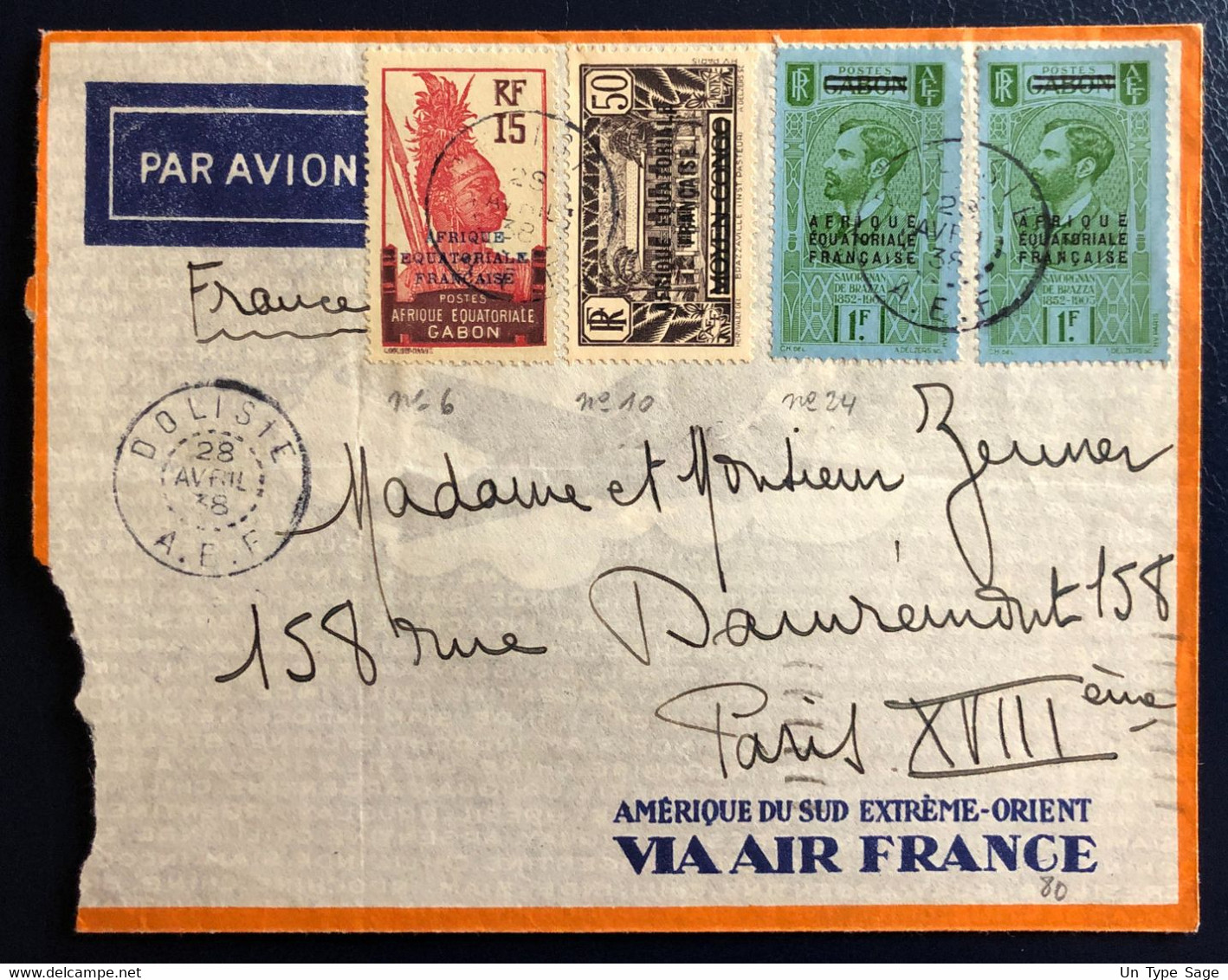 A.E.F. Divers Sur Enveloppe TAD DOLISIE 28.4.1938 Pour La France - (B4551) - Lettres & Documents
