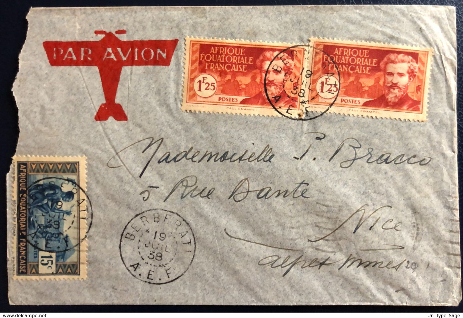 A.E.F. Divers Sur Enveloppe TAD BERBERATI 19.7.1938 Pour La France - (B4553) - Covers & Documents