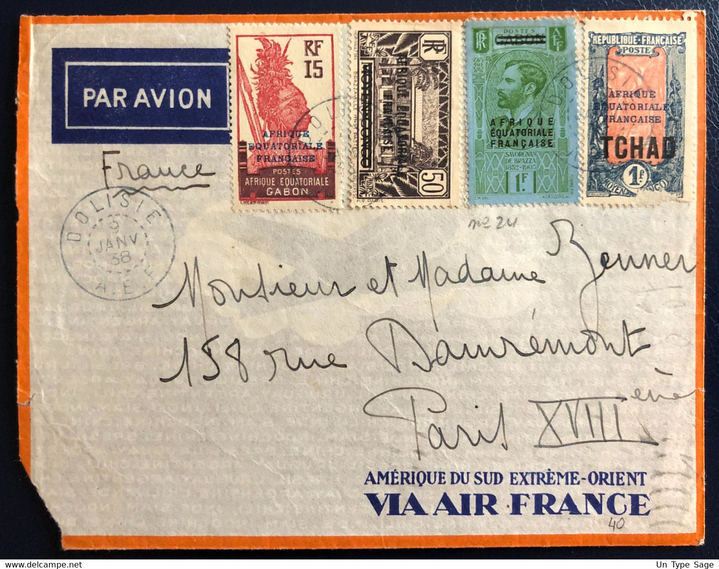 A.E.F. Divers (dont TCHAD) Sur Enveloppe TAD DOLISIE 9.1.1938 Pour La France - (B4555) - Lettres & Documents