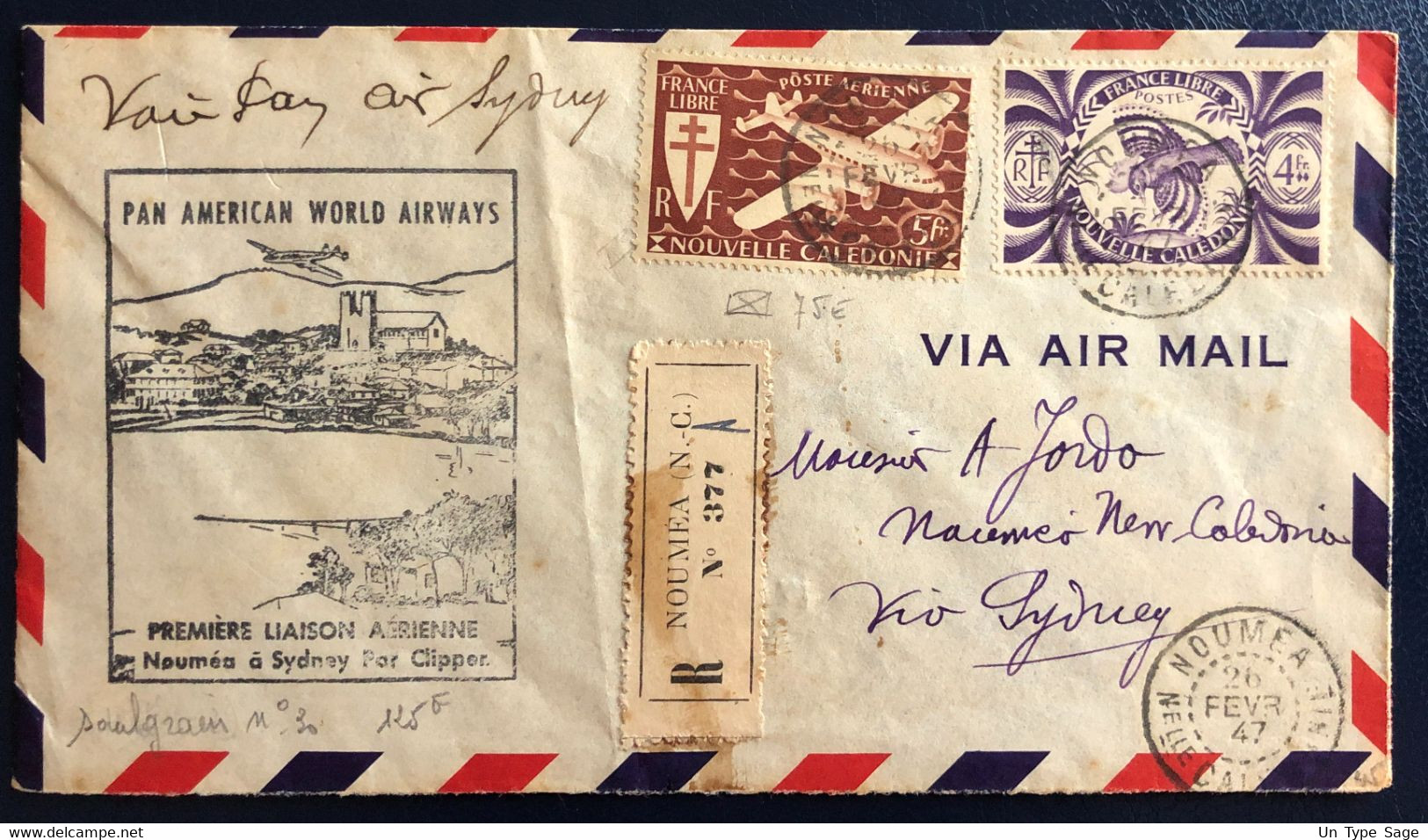 Nouvelle-Calédonie Divers Sur Enveloppe 26.2.1947 - Liaison NOUMEA-SYDNEY Par Clipper - (B4558) - Cartas & Documentos