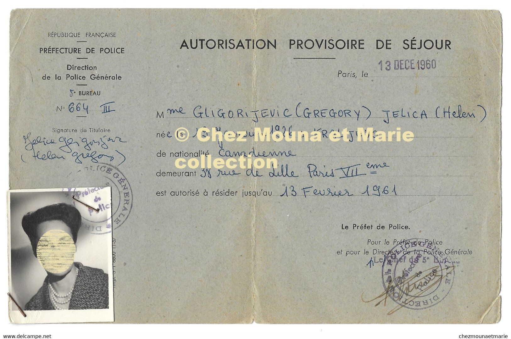 1960 AUTORISATION PROVISOIRE DE SEJOUR GREGORY HELEN GLIGORIJEVIC JELICA NEE EN SERBIE EN 1926 NATIONALITE CANADIENNE - Historical Documents